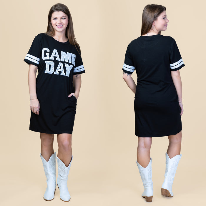 10719 - Game Day Sequin T Shirt Dress with Pockets - Black