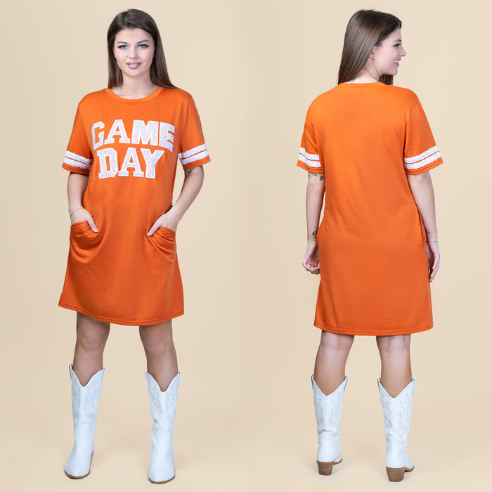 10719 - Game Day Sequin T Shirt Dress with Pockets - Orange