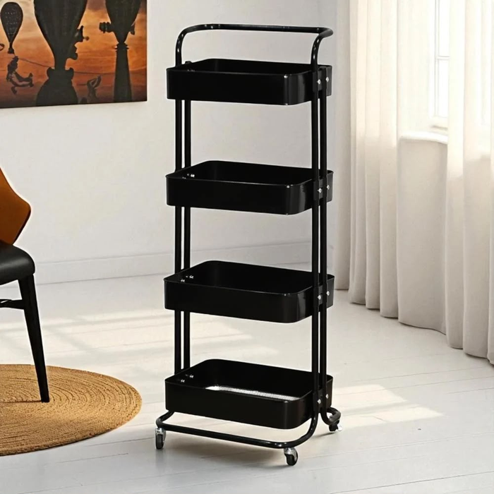 4-Tier Rolling Storage Cart with Handle – Black Metal