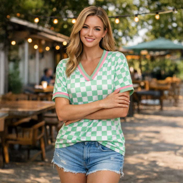 50243 – Mint Green Checker V-Neck Short Sleeve Top with Pink Trim