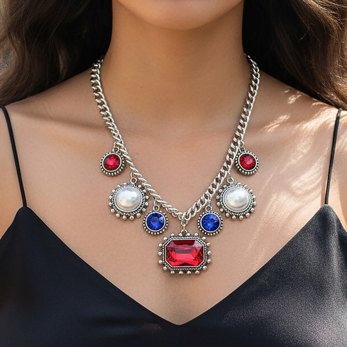 92448 - Crystal Charm Necklace - Red White & Blue