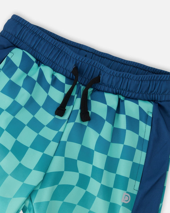 Athletic Shorts In Recycled Polyester Teal Printed Checkerboard-2
