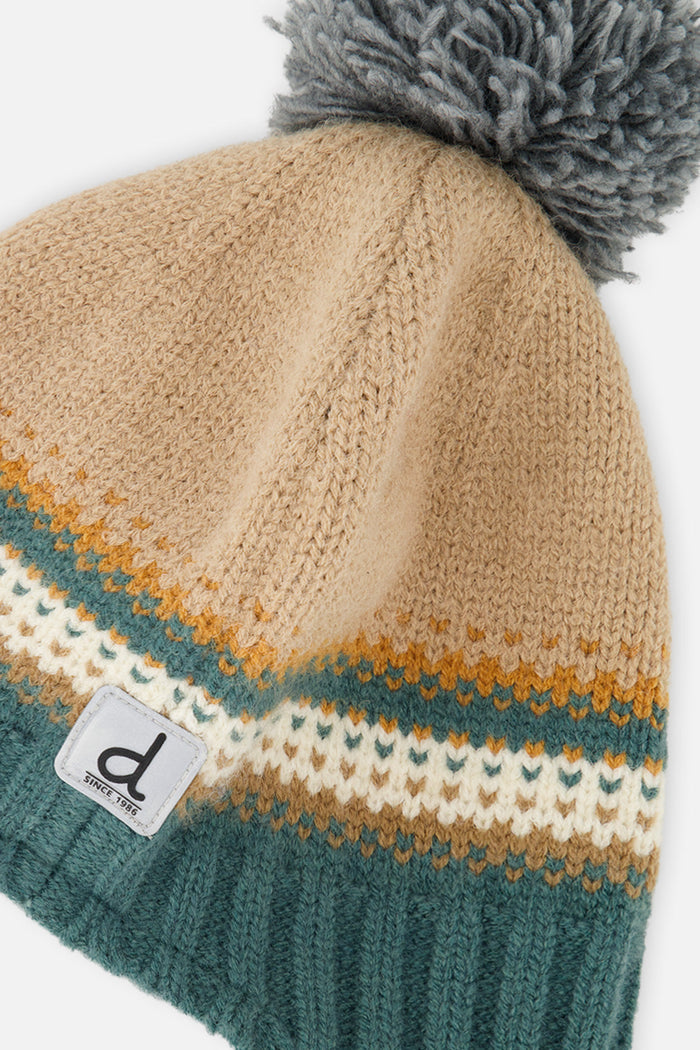 Baby Winter Peruvian Knit Hat With Pompom Beige And Green Jacquard-3
