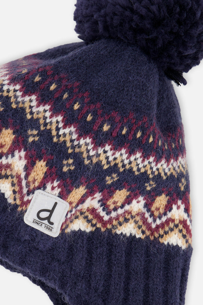 Baby Winter Peruvian Knit Hat With Pompom Blue And Red Jacquard-3