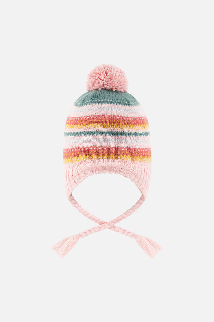 Baby Winter Peruvian Knit Hat With Pompom Pink And Green Jacquard-4