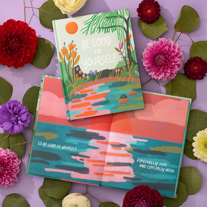 Colorful books with floral designs and text on a purple background with flowers and leaves.