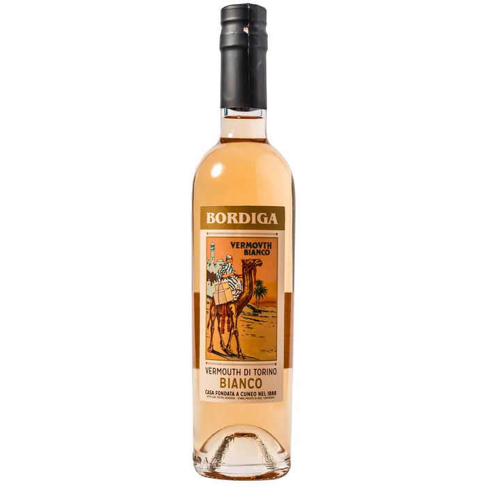 Bordiga Bianco vermouth bottle with black cap, amber liquid, front label