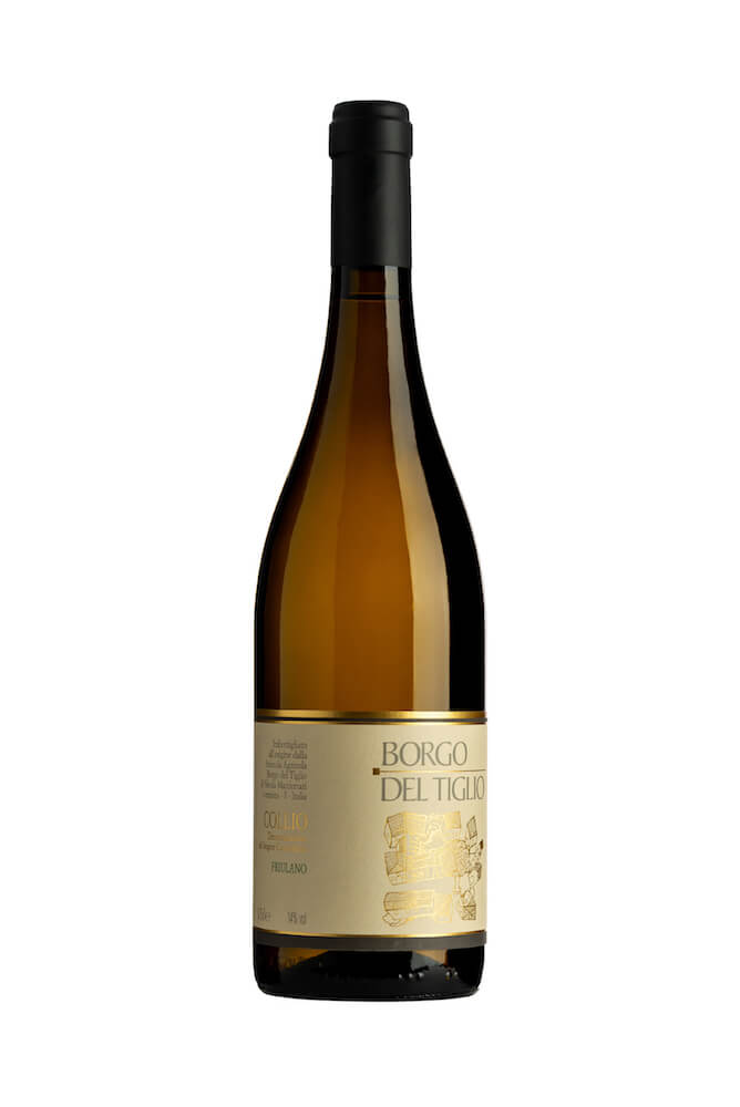 Amber wine bottle with black cap, front label reading BORGO DEL TIGLIO
