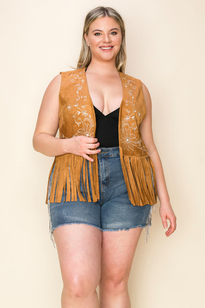 Camel Brown Embroidered Fringe Hem Vest