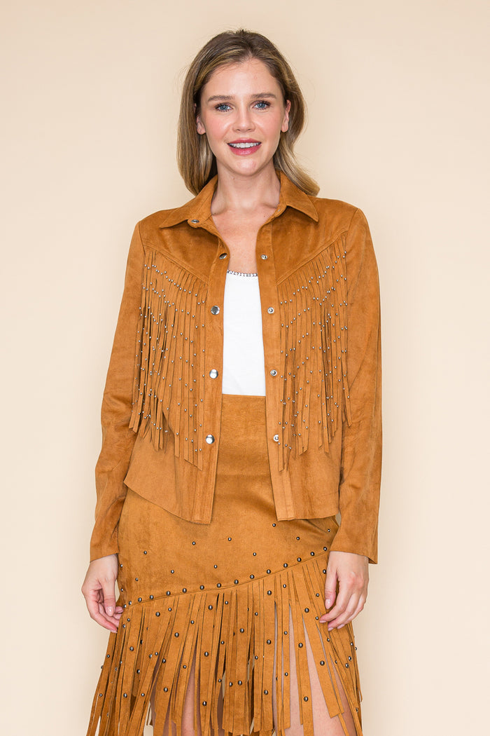 Camel Brown Ultra Suede Jacket w/ Fringe