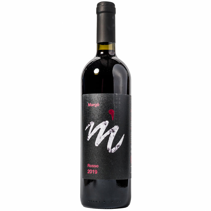 Red wine bottle with black label, 'Margo' and 'Rosso 2019' text
