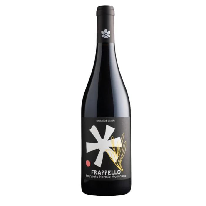 Red wine bottle with black label and Frappello branding, Caruso e Minini, 2024