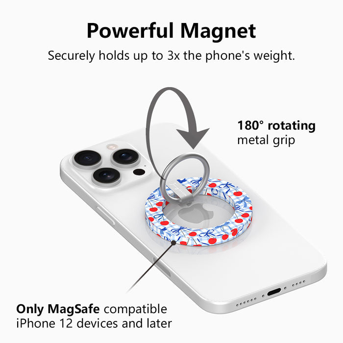 Cherry On Top pattern MagSafe phone grip ring with red cherries blue bows and gingham background compatible with iPhone and Samsung