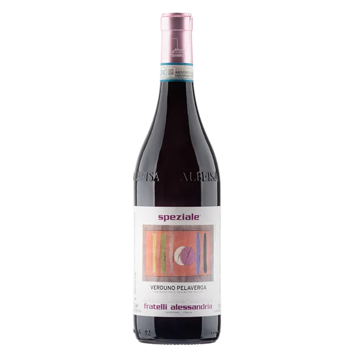 Wine bottle with dark red glass and label reading Verduno Pelaverga Speziale