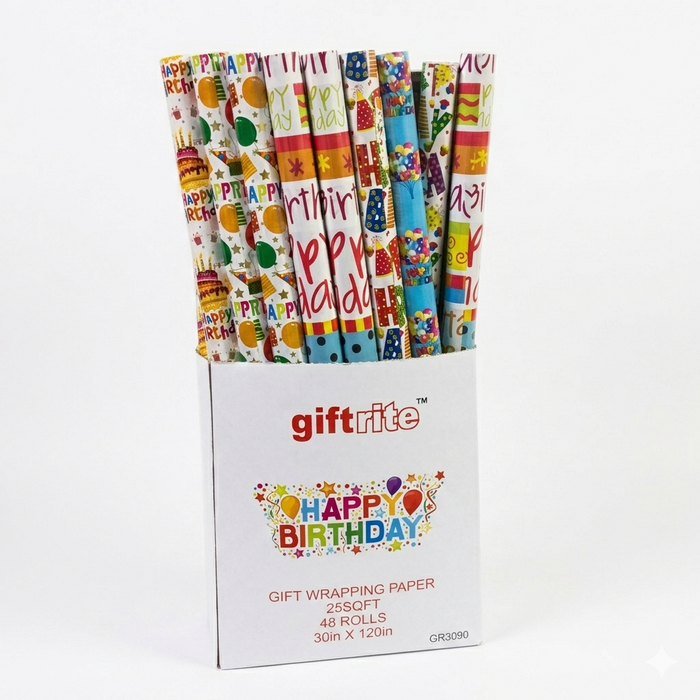 Pack of gift wrapping paper rolls with 'Happy Birthday' designs, displayed in front of a white background.