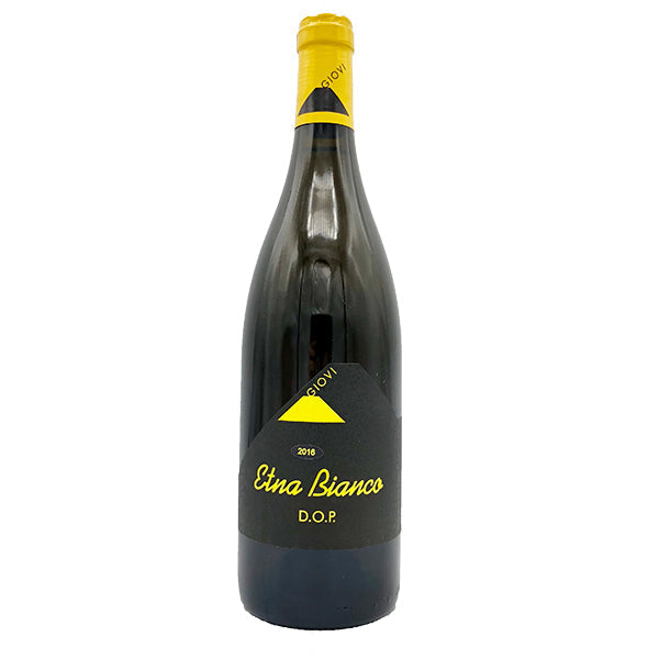Giovi Etna Bianco white wine bottle, 2018, yellow cap and Etna label