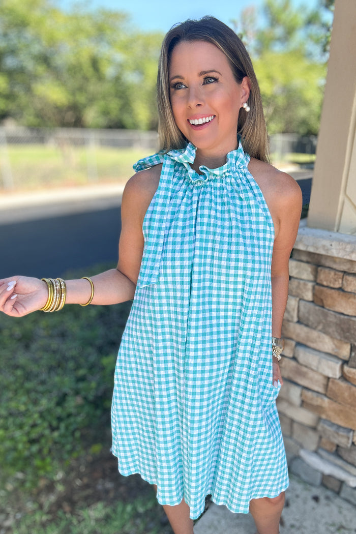 Gracie Halter Dress- Turquoise Gingham - B Social Boutique