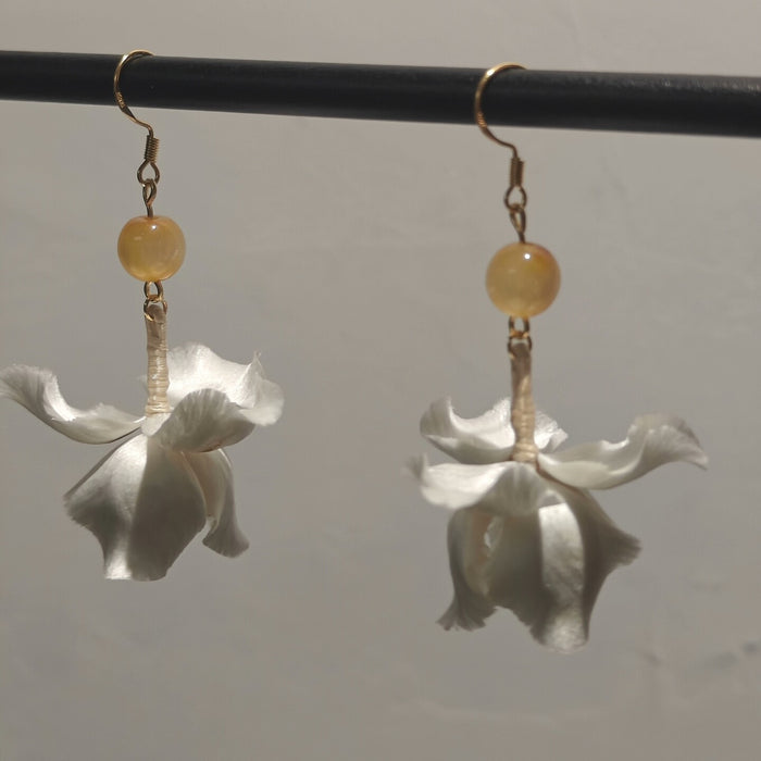 Handmade Ronghua White Flower Drop Earrings | Pure White Mulberry Silk Velvet Bridal Earrings