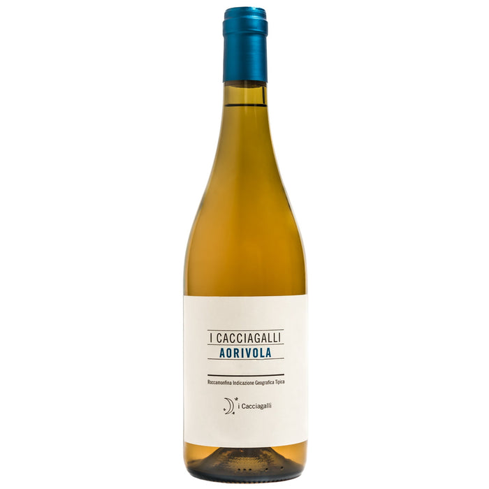 Falanghina wine bottle with blue cap and cream label, i Cacciagalli Aorivola 2022