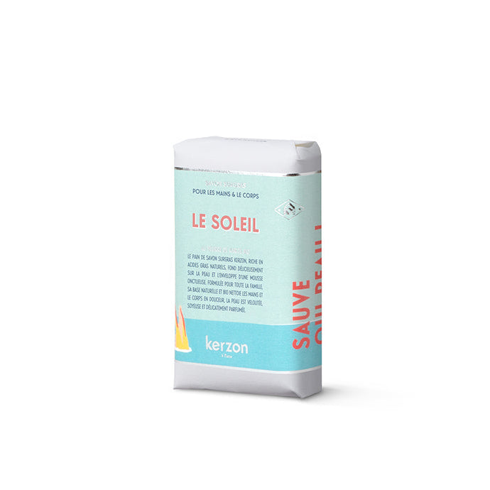 A packaged bar soap product with branding and product information displayed on the packaging.