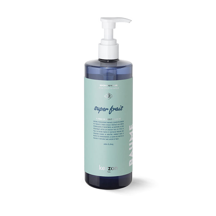 A pump bottle of Kerzon Super Frais Liquid Soap with a blue label and green text.