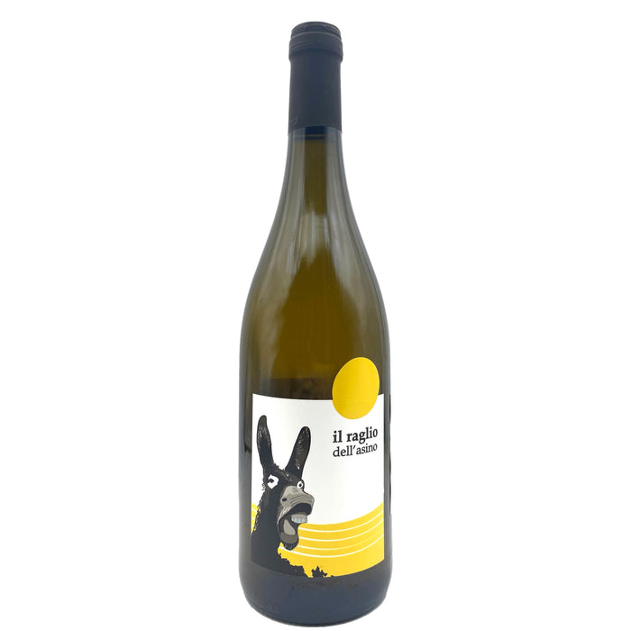 White wine bottle, L'Acino Raglio Di Asino Bianco 2019, black bottle, yellow label circle