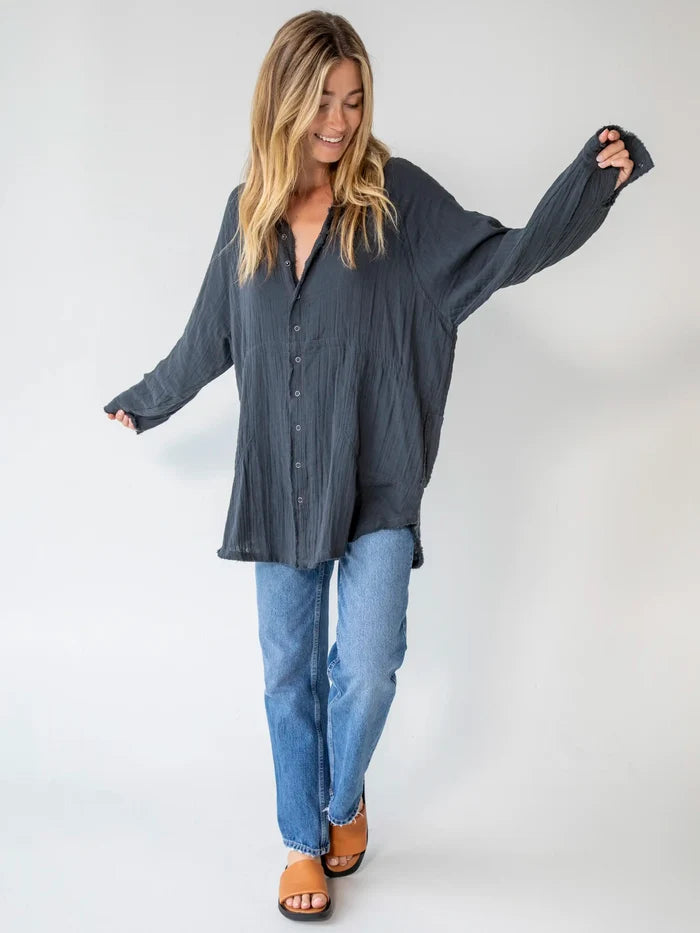 Laid Back Button Down Top - Charcoal-view 5