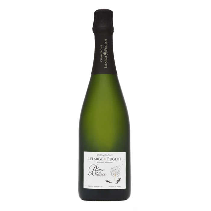 LeLarge Pugeot champagne bottle, Brut Nature 2018, green glass with cream label