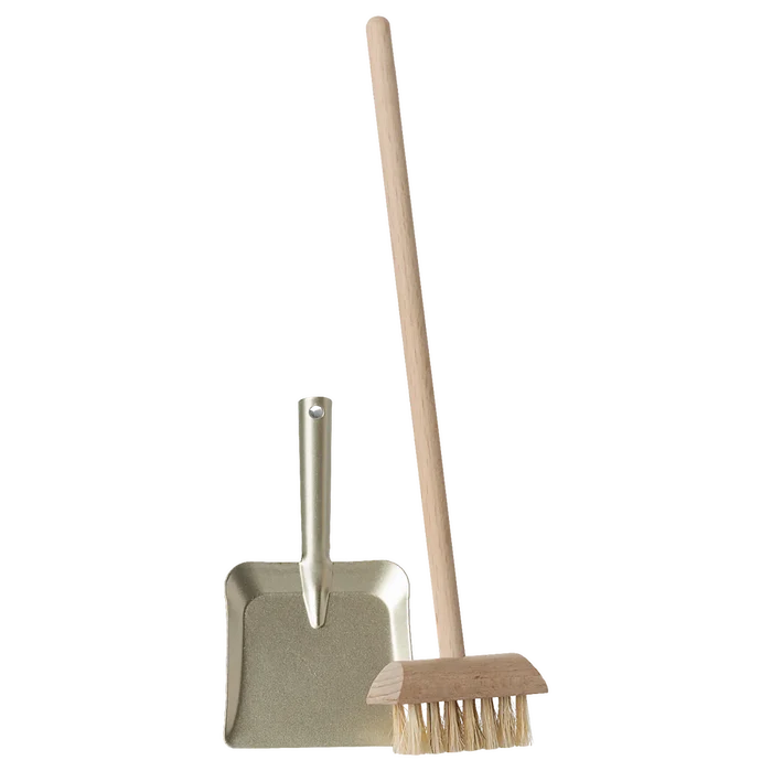 Cleaning tools including a broom and dustpan on a white background