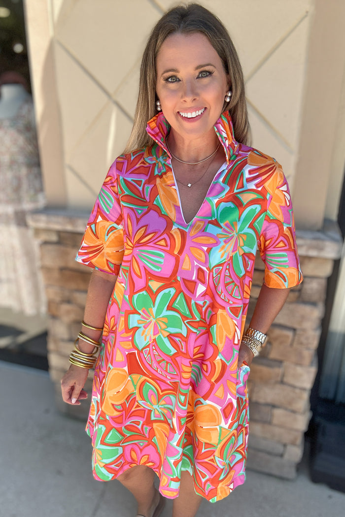 Oliva Ruffle Neck Shift Dress - Bloom Mirage