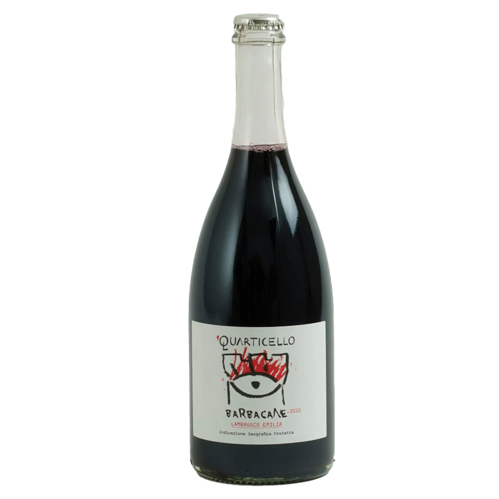 Quarticello Barbacane Lambrusco wine bottle, dark glass with label