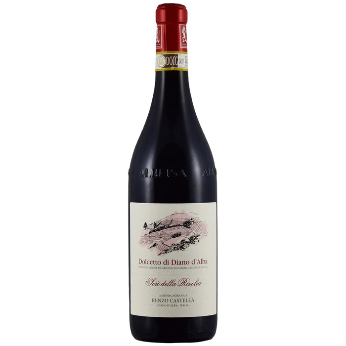 Renzo Castella Dolcetto di Diano d'Alba wine bottle, dark glass and red cap