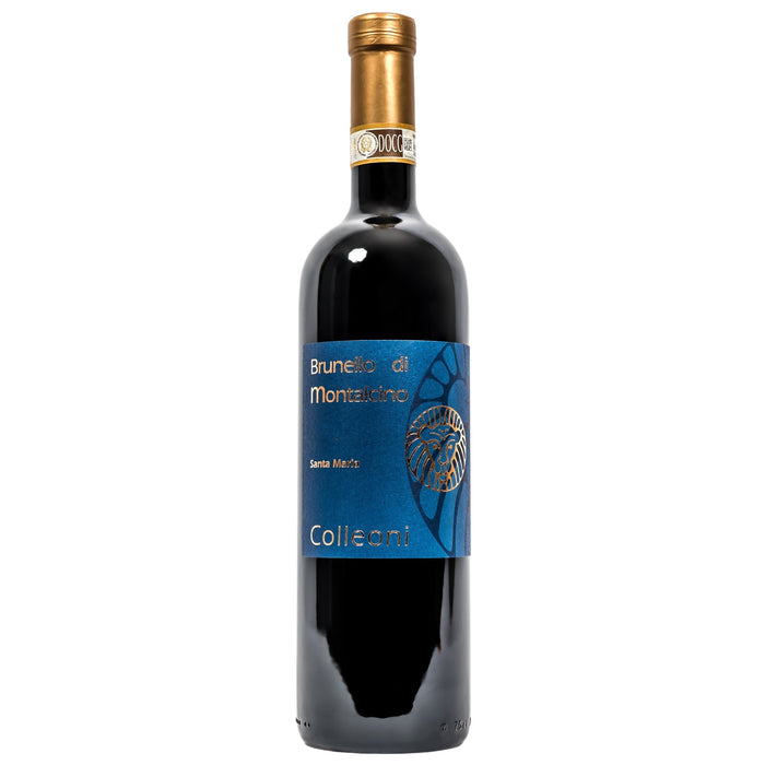 Wine bottle with dark glass, gold foil cap, blue label with gold accents