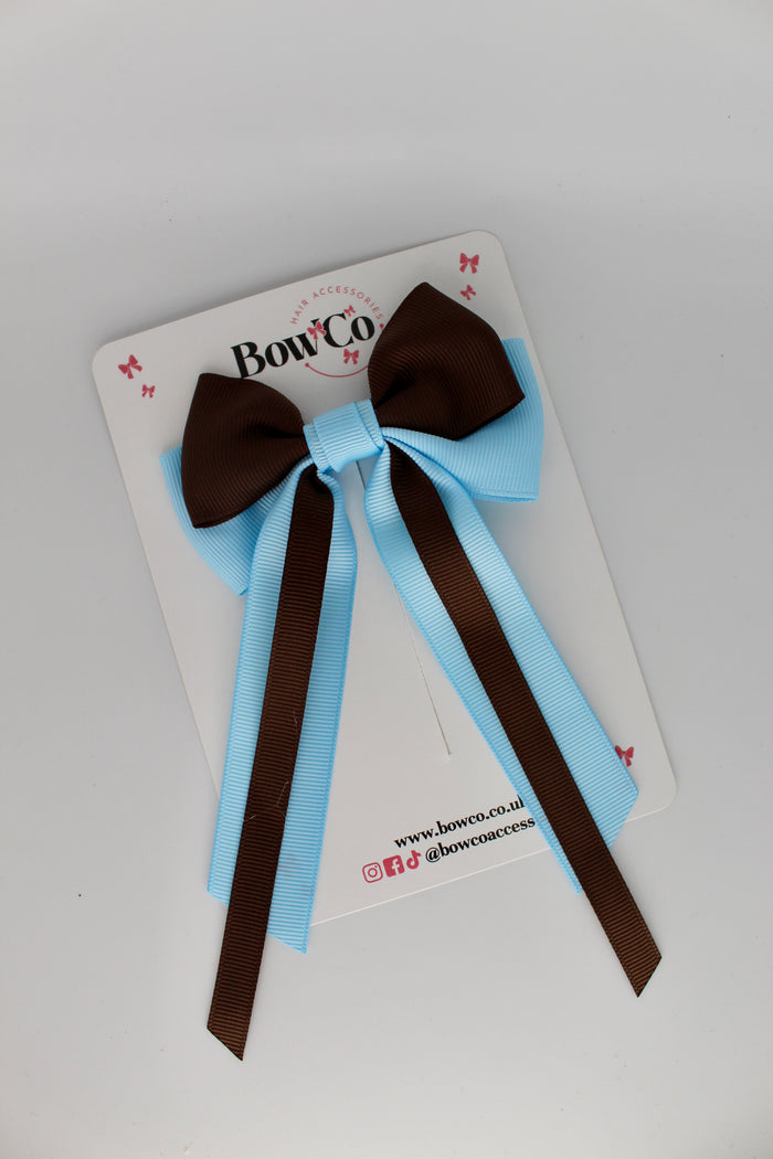 School Bow Blue Topaz and Brown Streamer Tail Bow - Clip