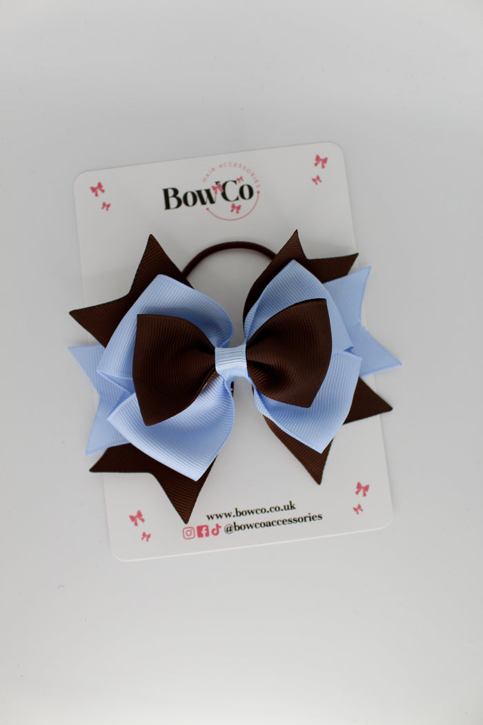 School Bow Bluebell and Brown - Layer Bow - Elastic