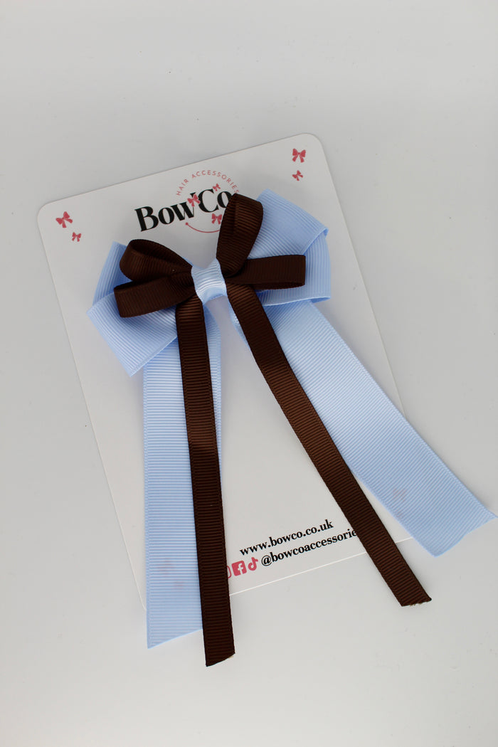 School Bow Bluebell and Brown - Loop Bow Tail Clip