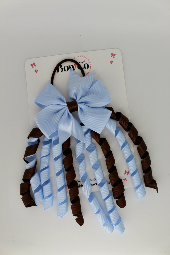 School Bow Bluebell and Brown - Pinwheel Corker Bow - Elastic