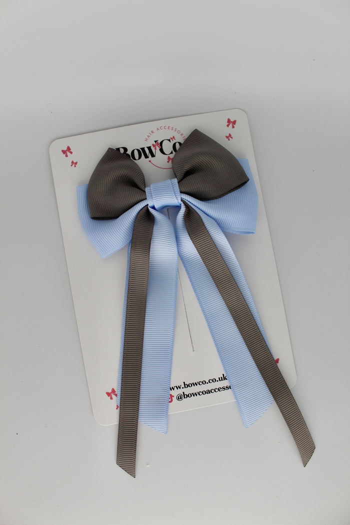 School Bow Bluebell and Grey Streamer Tail Bow - Clip