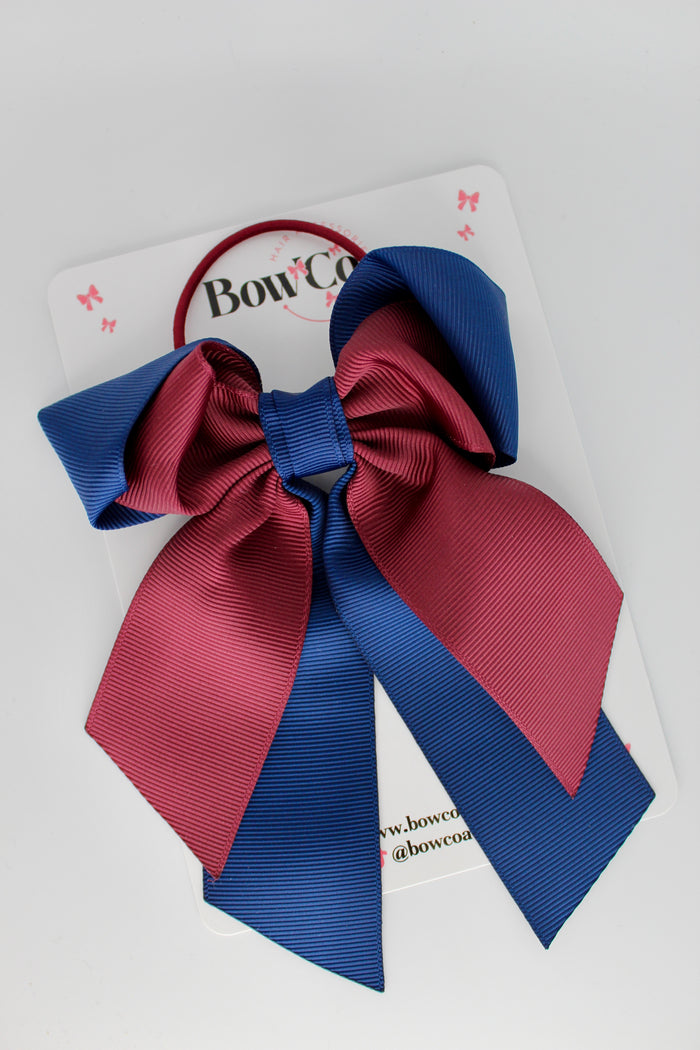 School Bow Navy Blue and Burgundy - Loop Tail Bow - Elastic