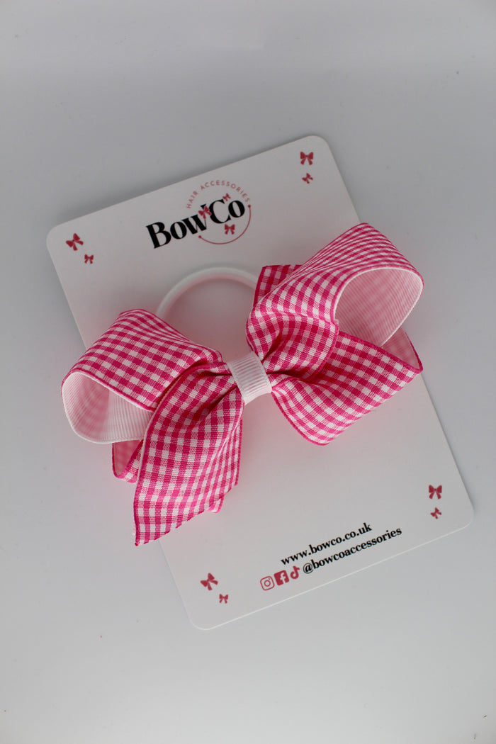 School Bow Pink Gingham Loop Bow - Elastic