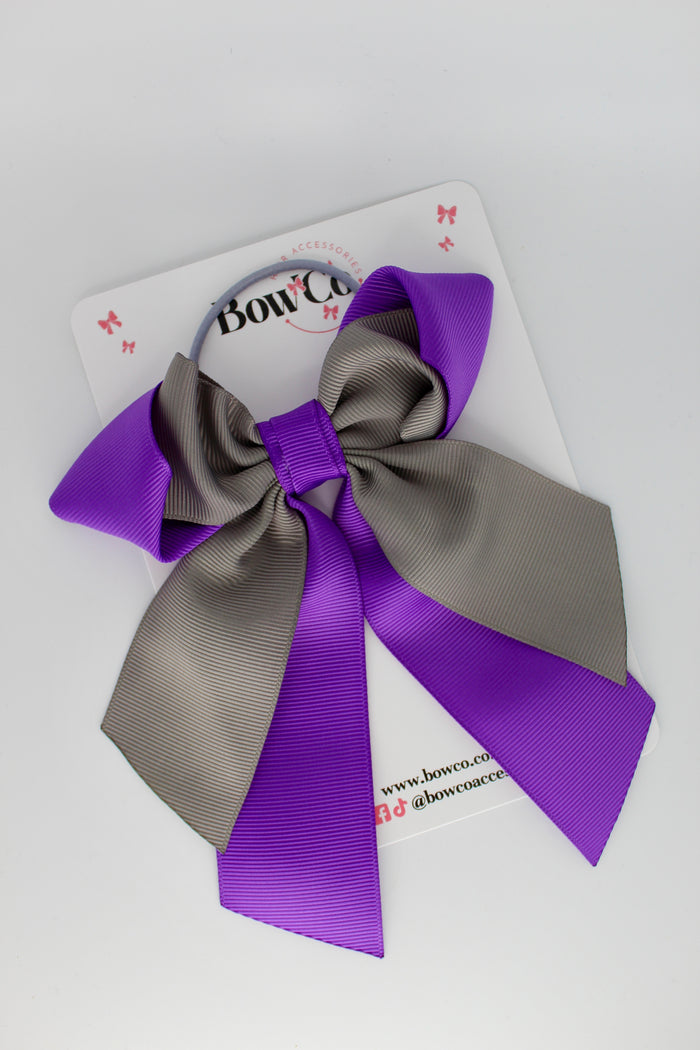 School Bow Purple and Metal Grey - Loop Tail Bow - Elastic