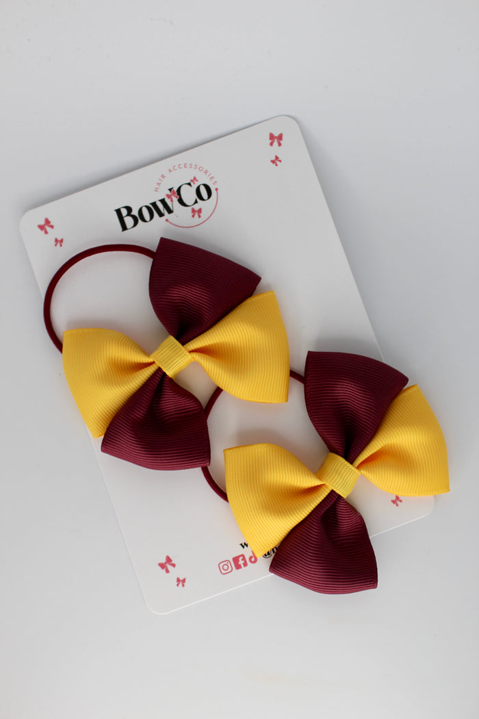 School Bows - Burgundy and Yellow Gold - Twist Bow Set - Elastic