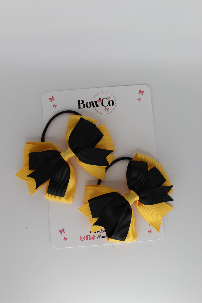 School Bows Black and Yellow Gold - Double Tail Bow Set - Elastic