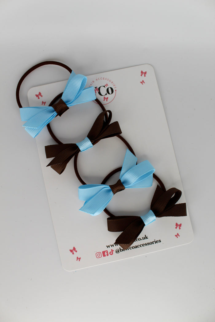 School Bows Blue Topaz and Brown - Ballerina Bows - Set of 4 - Elastic
