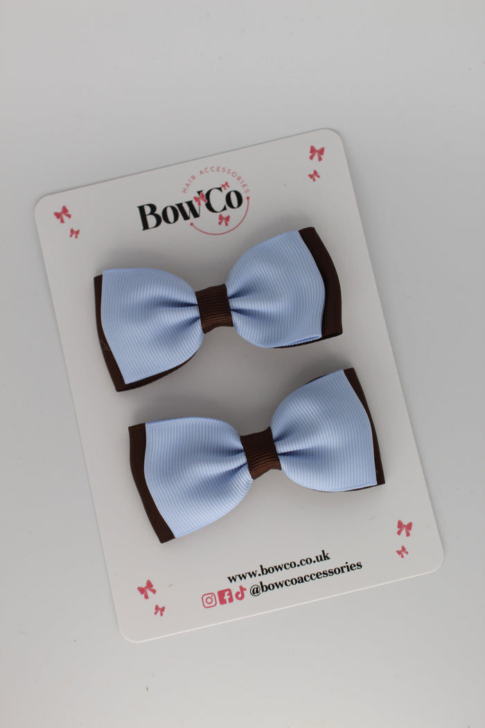 School Bows Bluebell and Brown - Double Lapel Bow Set - Clip