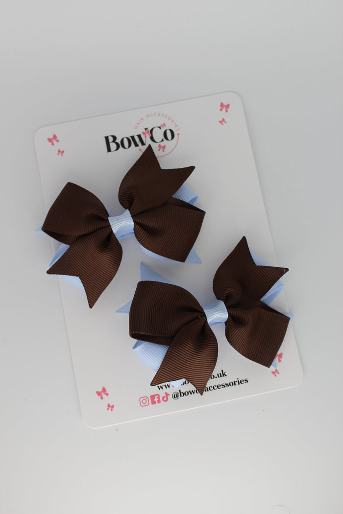 School Bows Bluebell and Brown - Layer Tail Bow Set - Clip