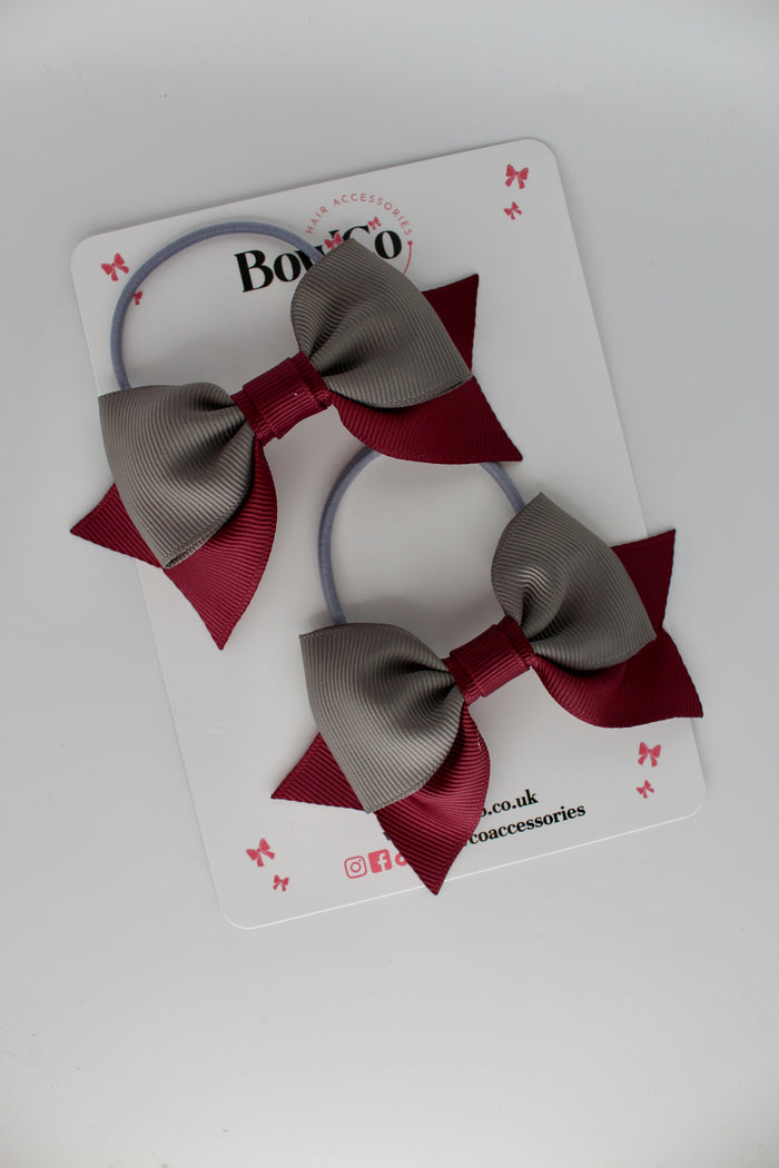 School Bows Burgundy and Metal Grey - Bow Tail Set - Elastic
