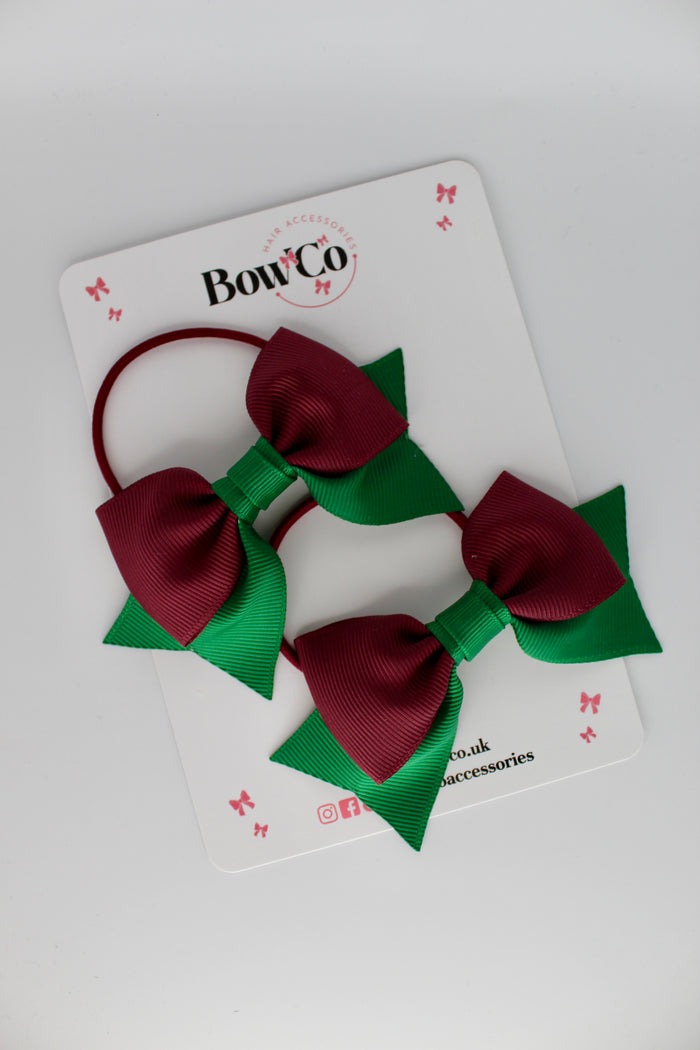 School Bows Green and Burgundy - Bow Tail Set - Elastic