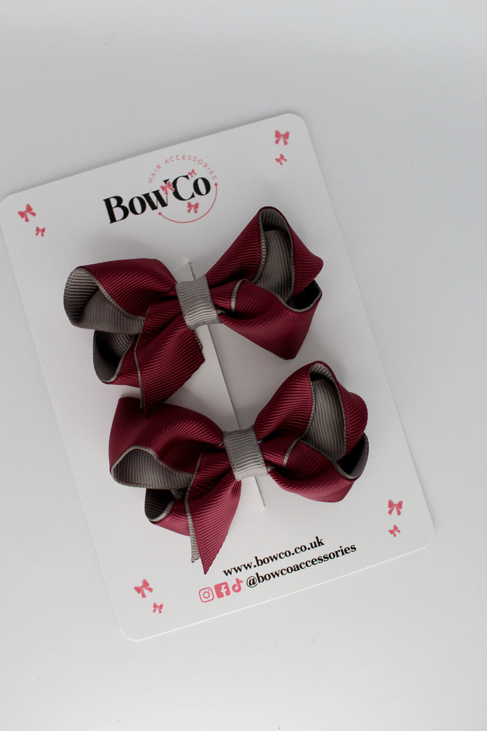 School Burgundy and Grey Loop Bow Set - Clip