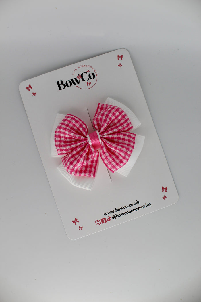 School Pink Gingham Layer Edge Bow - Clip